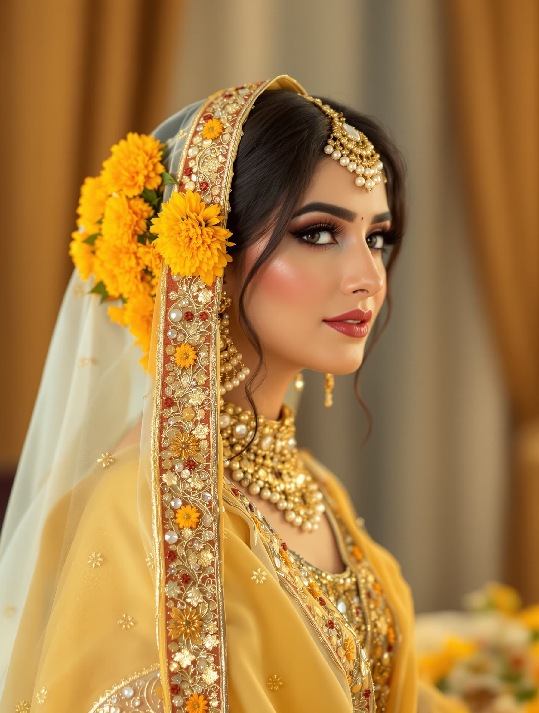 Bride in mayun yellow and gold attire