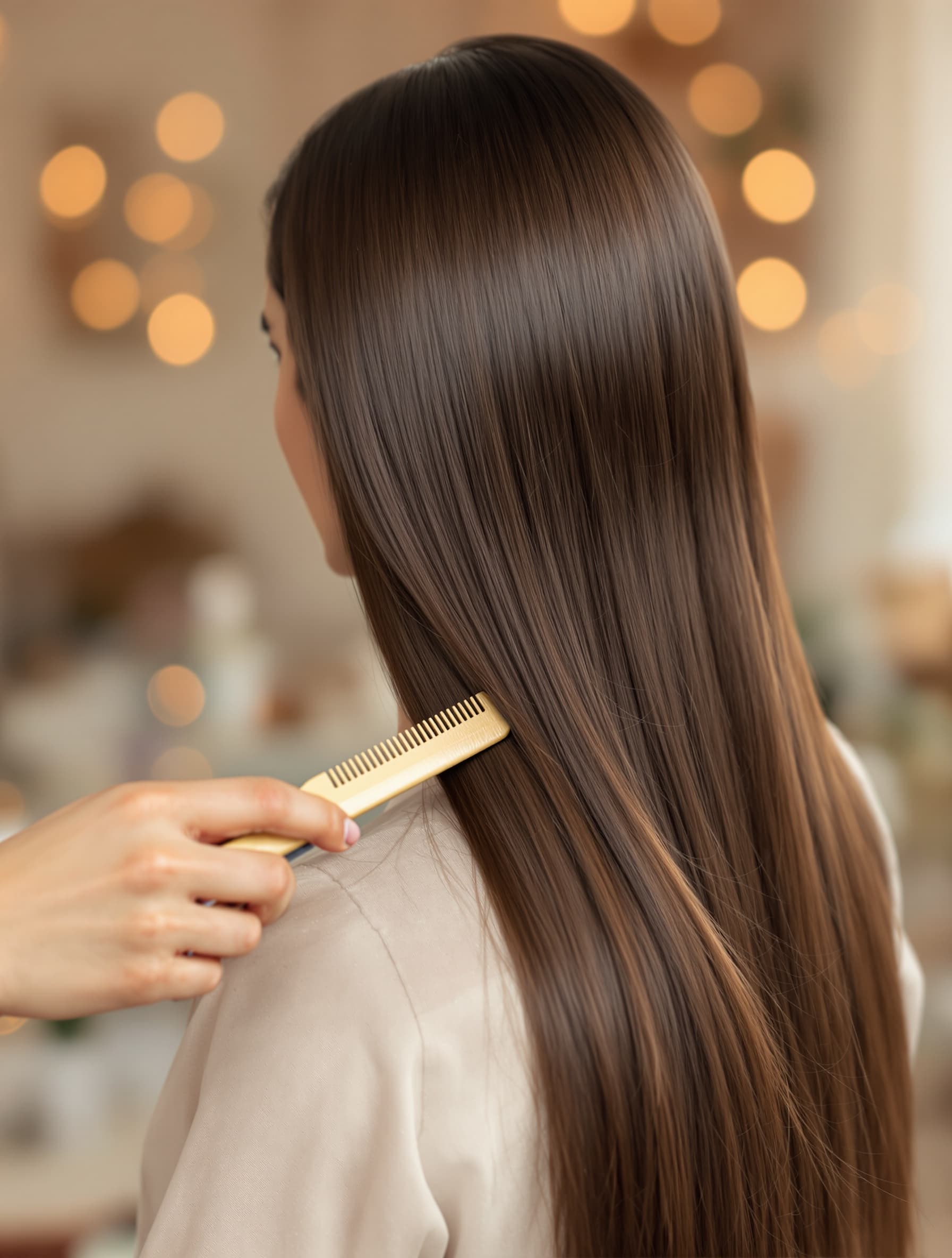 Long, healthy hair being smoothed in the salon